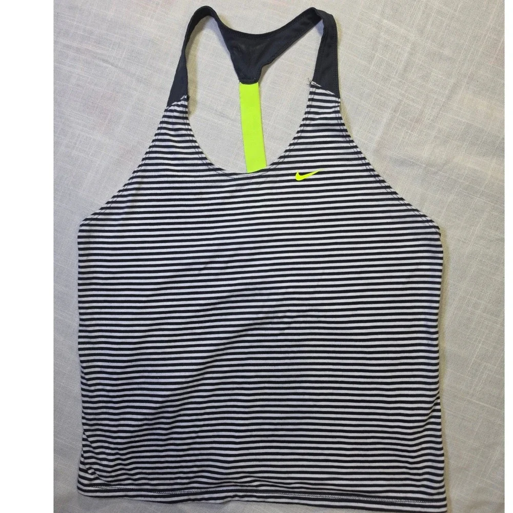 Nike Dri-FIT Womens Racerback Tank Top Black White Striped Neon Green Size M